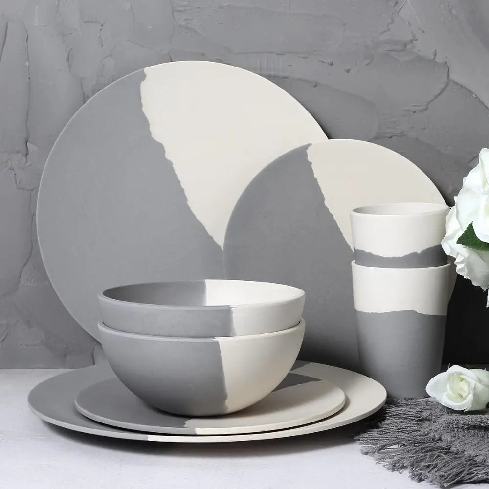 Grey and White Bamboo Fiber Dinnerware Set Eco Friendly EcofiedHome