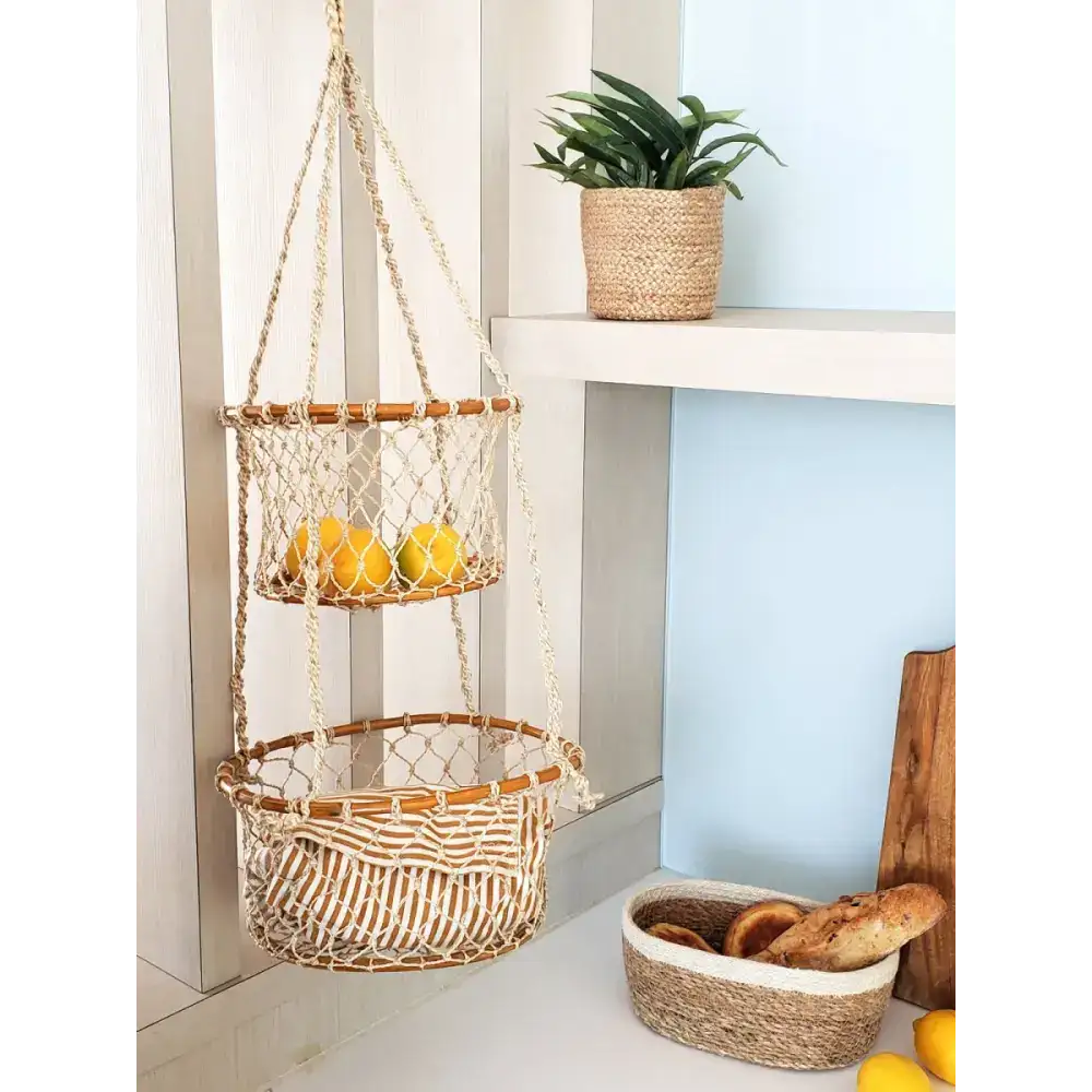 woven hanging baskets for plants Jhuri Double Hanging Basket for Eco-Friendly Storage – EcofiedHome