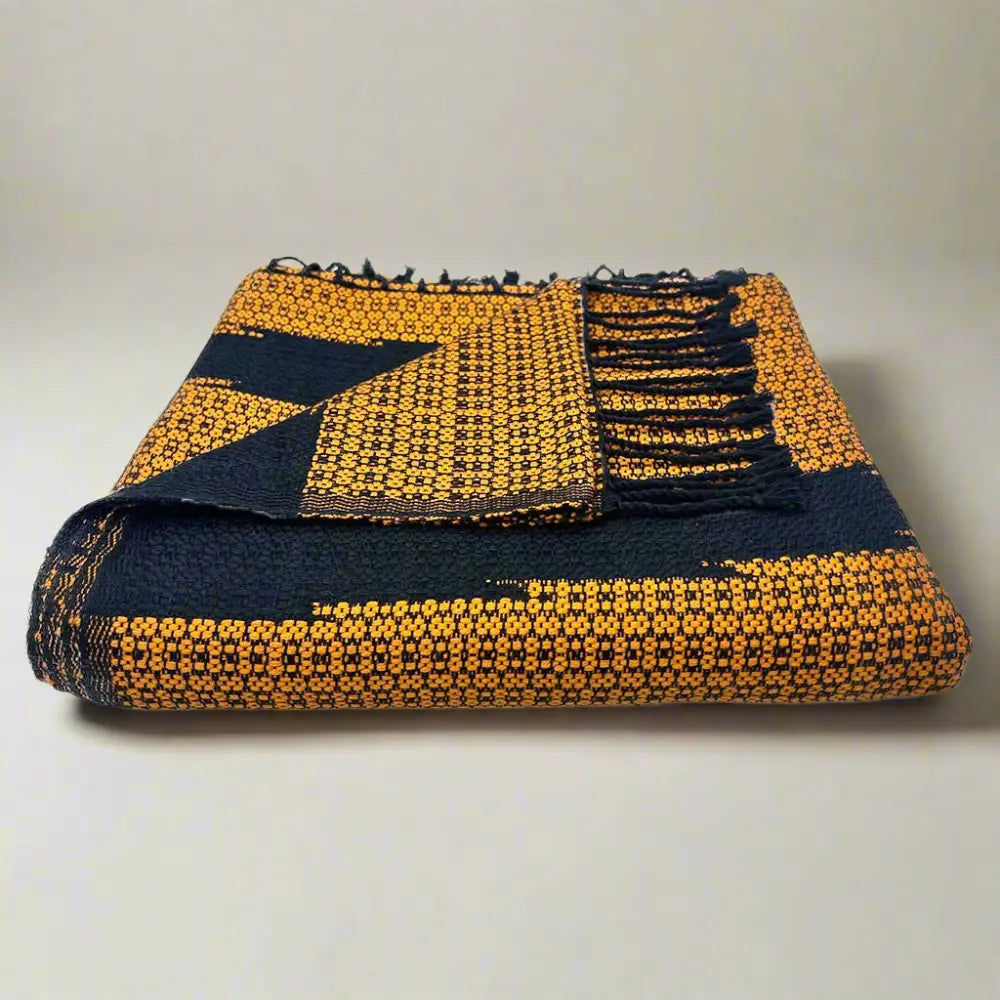 Navy blue and yellow traditional handloom Cambodia tapestry throw with decorative fringe