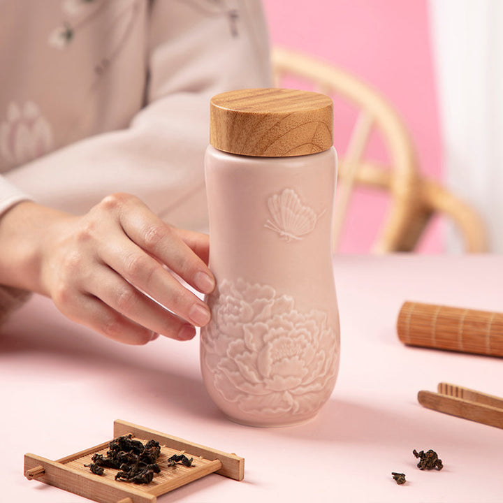 Pink Golden Age Peony Ceramic Tea Tumbler - EcofiedHome