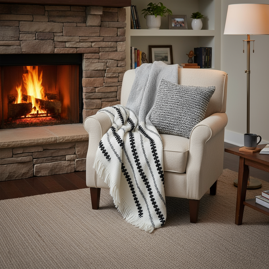 White and black throw blanket draped over chair in front of fireplace