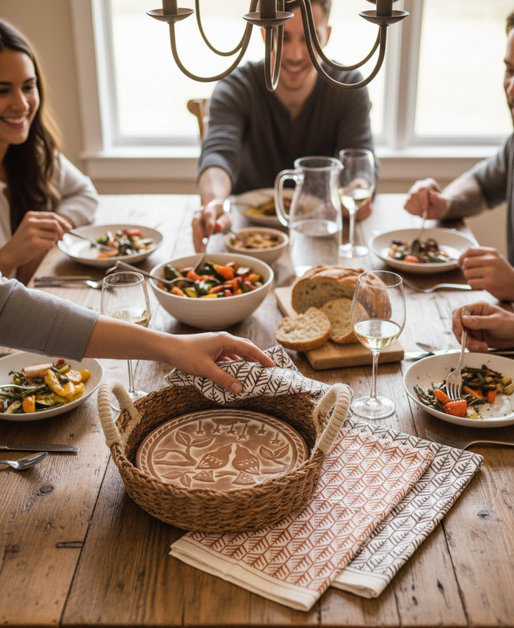 Lovebirds Round Bread Warmer and Basket with Sustainably Grown Seagrass