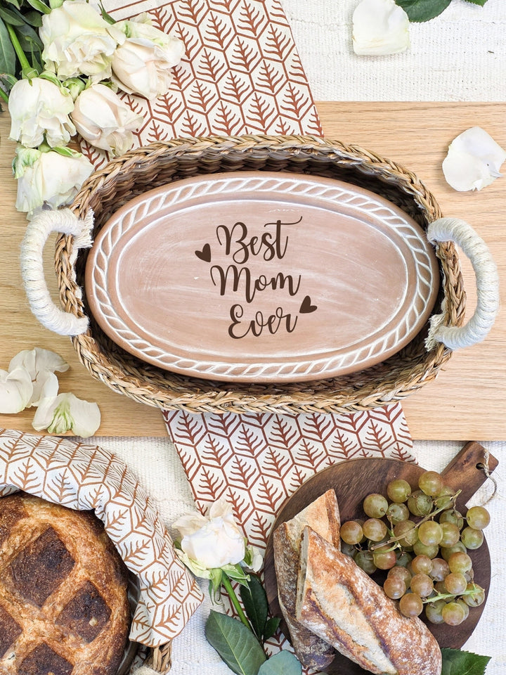 Bread Warmer & Basket Gift Set with Tea Towel - Mom Oval-4