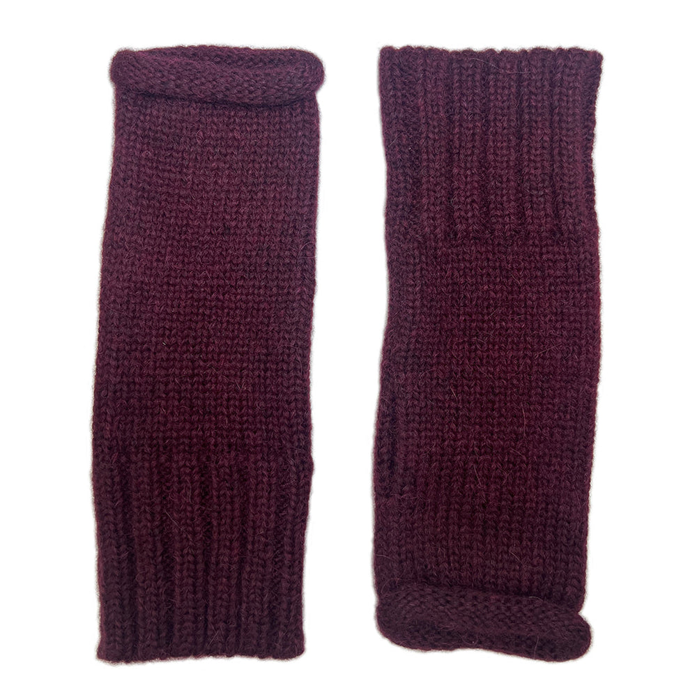 A pair of dark plum purple ribbed knit fingerless gloves shown flat against a solid white background.