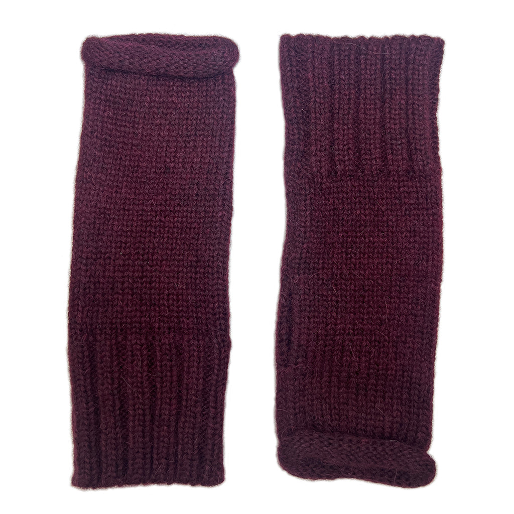 A pair of dark plum purple ribbed knit fingerless gloves shown flat against a solid white background.