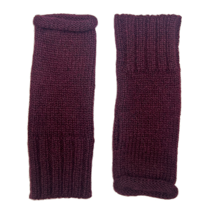 A pair of dark plum purple ribbed knit fingerless gloves shown flat against a solid white background.