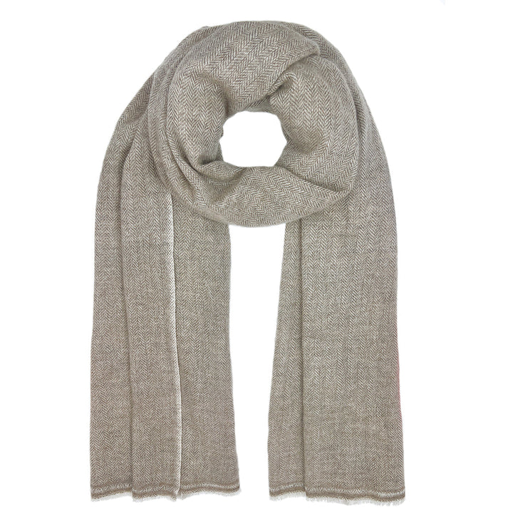 Beige Himalayan cashmere scarf, herringbone pattern