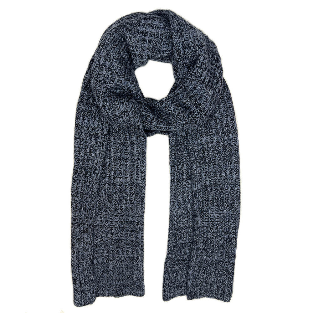 Slate blue and black Himalayan cashmere scarf, marled ribbed knit