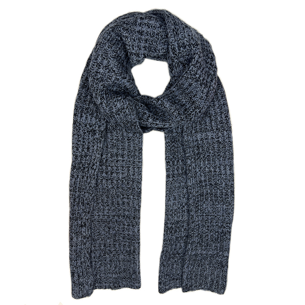 Slate blue and black Himalayan cashmere scarf, marled ribbed knit
