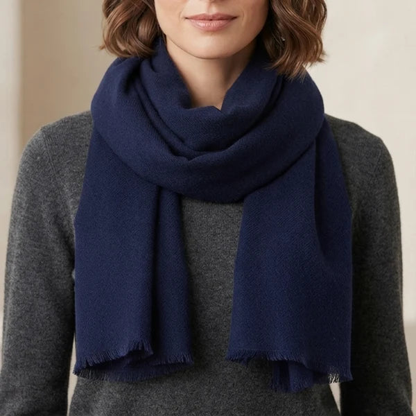 Navy Himalayan cashmere scarf, solid color worn by a model