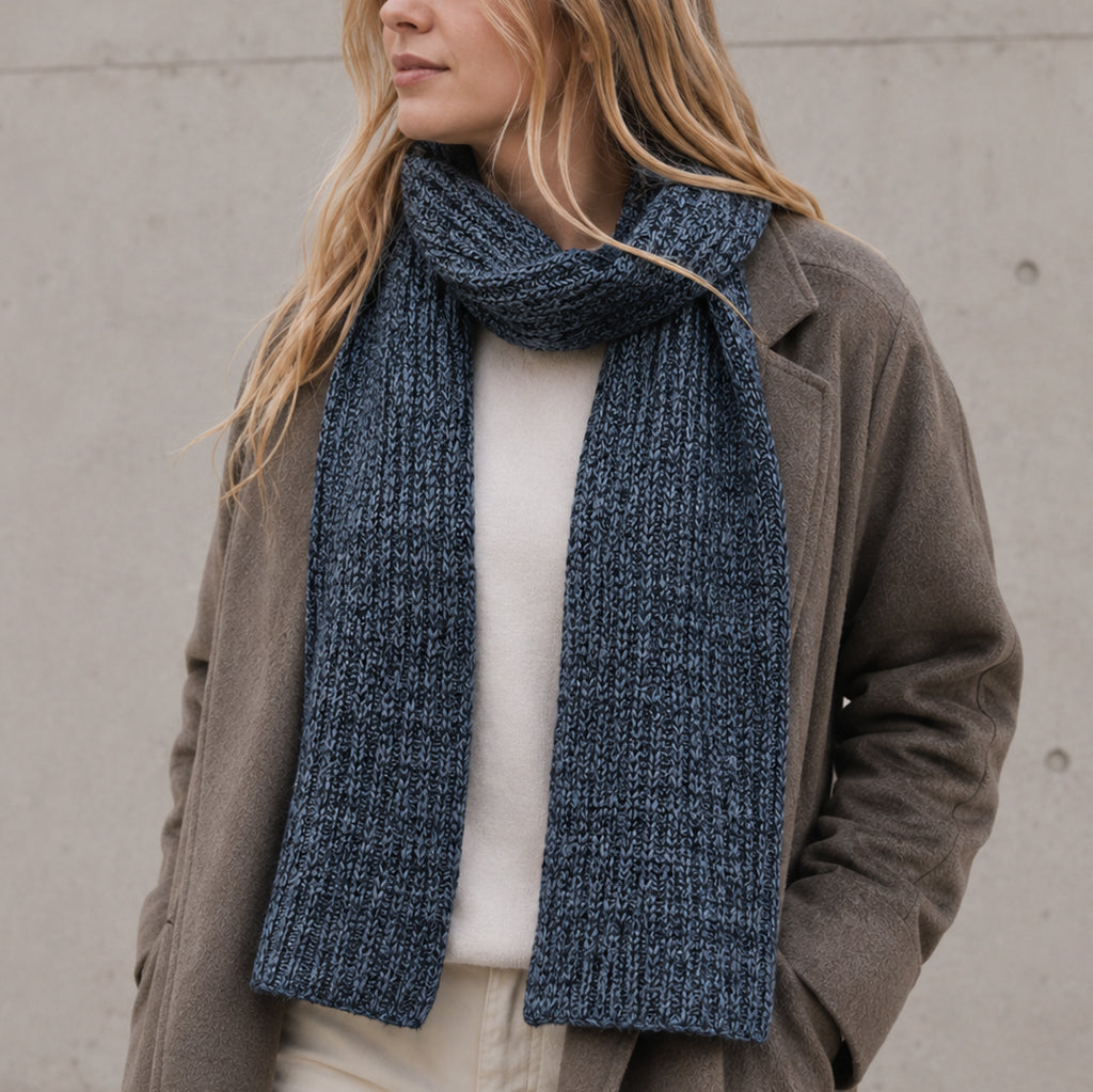 Himalayan cashmere scarf in Slate blue and black, featuring marled ribbed knit