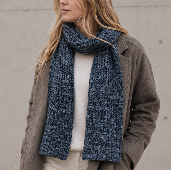 Himalayan cashmere scarf in Slate blue and black, featuring marled ribbed knit