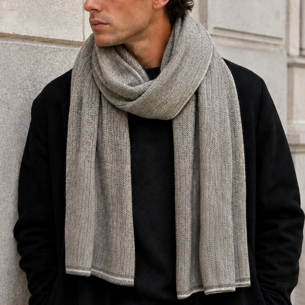 A man wearing a Charcoal Himalayan cashmere scarf, with herringbone pattern wrapped around his neck, paired with a black jacket and black shirt, standing against a light gray stone wall.