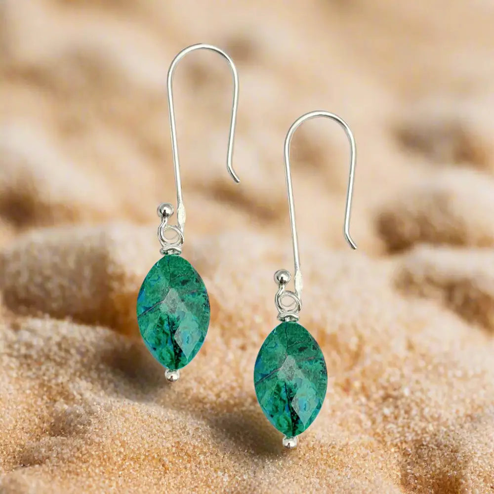 Elegant Drop Earrings featuring Peruvian Chrysocolla gemstones and emerald green stones