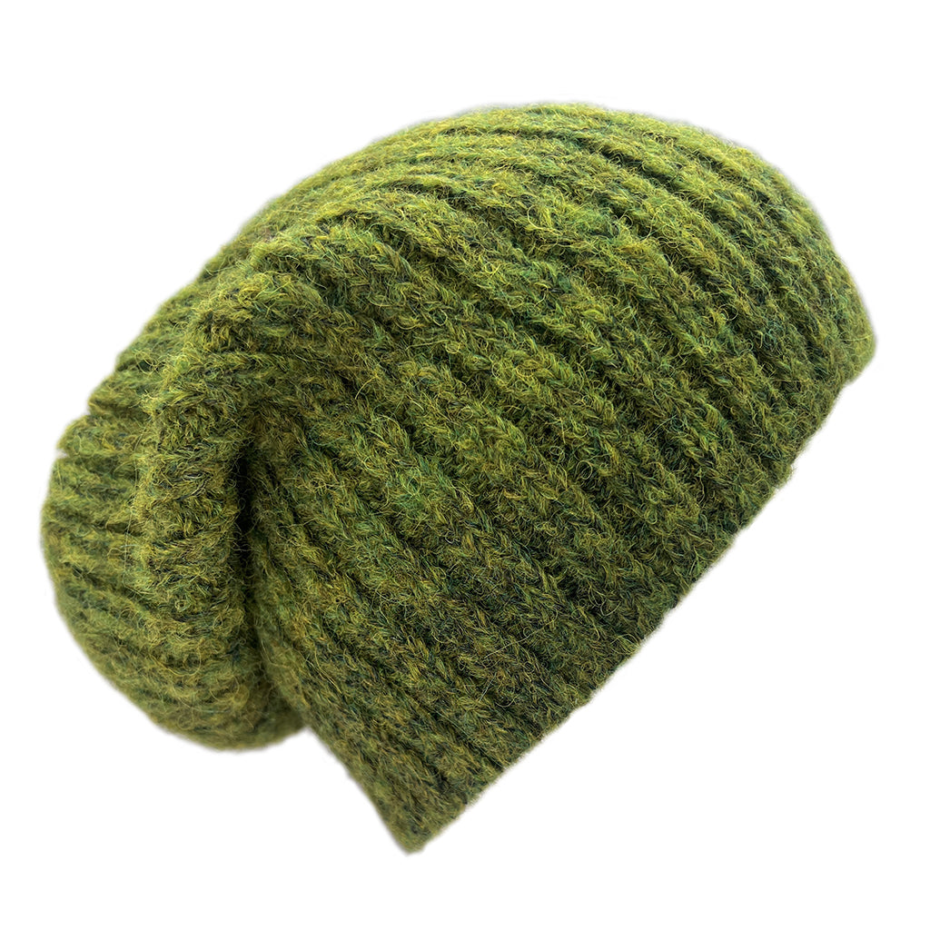 A green ribbed knit beanie hat with a fuzzy, textured yarn, shown on a plain white background.
