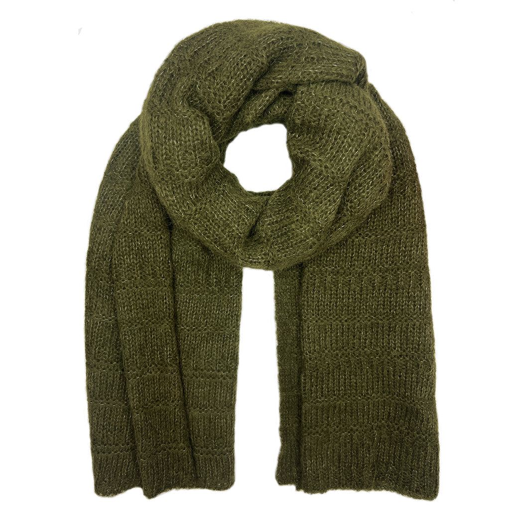 Moss green alpaca blend scarf, wide open knit