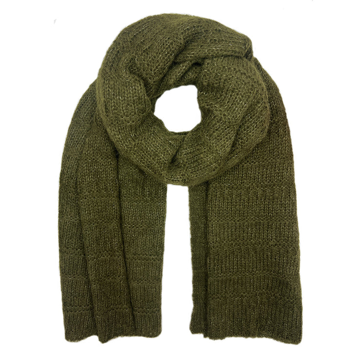 Moss green alpaca blend scarf, wide open knit