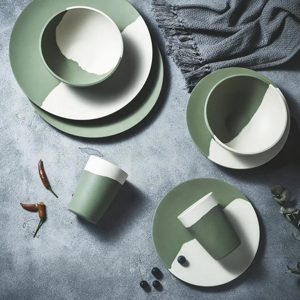 Green and White Bamboo Fiber Tableware Set EcofiedHome