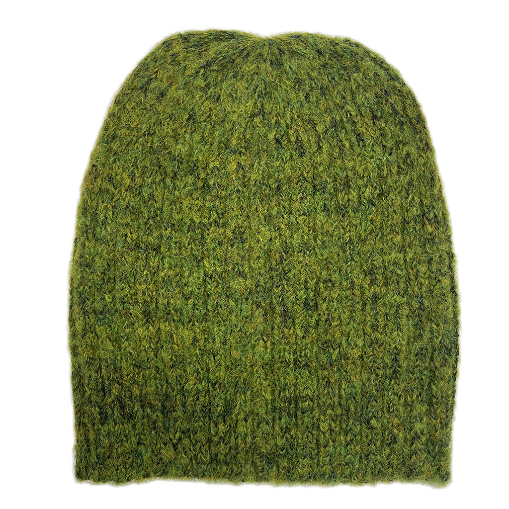 A chunky knit beanie hat in a heathered olive green and dark forest green yarn, shown against a plain white background.