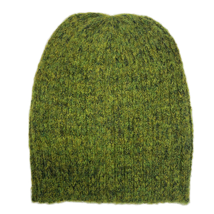 A chunky knit beanie hat in a heathered olive green and dark forest green yarn, shown against a plain white background.