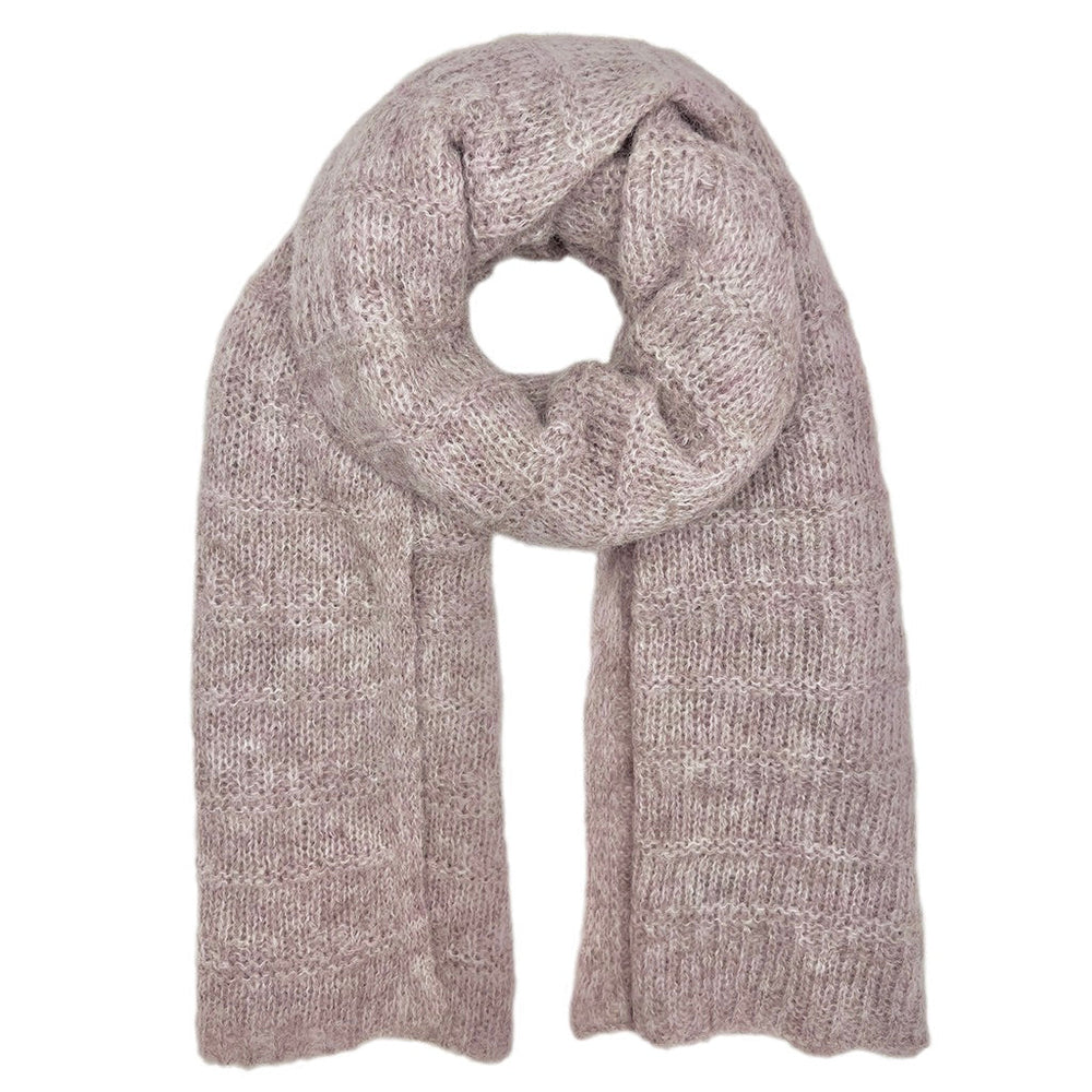 A chunky knit scarf in a dusty mauve-pink color, arranged in a loop on a solid white background.