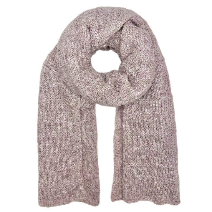 A chunky knit scarf in a dusty mauve-pink color, arranged in a loop on a solid white background.