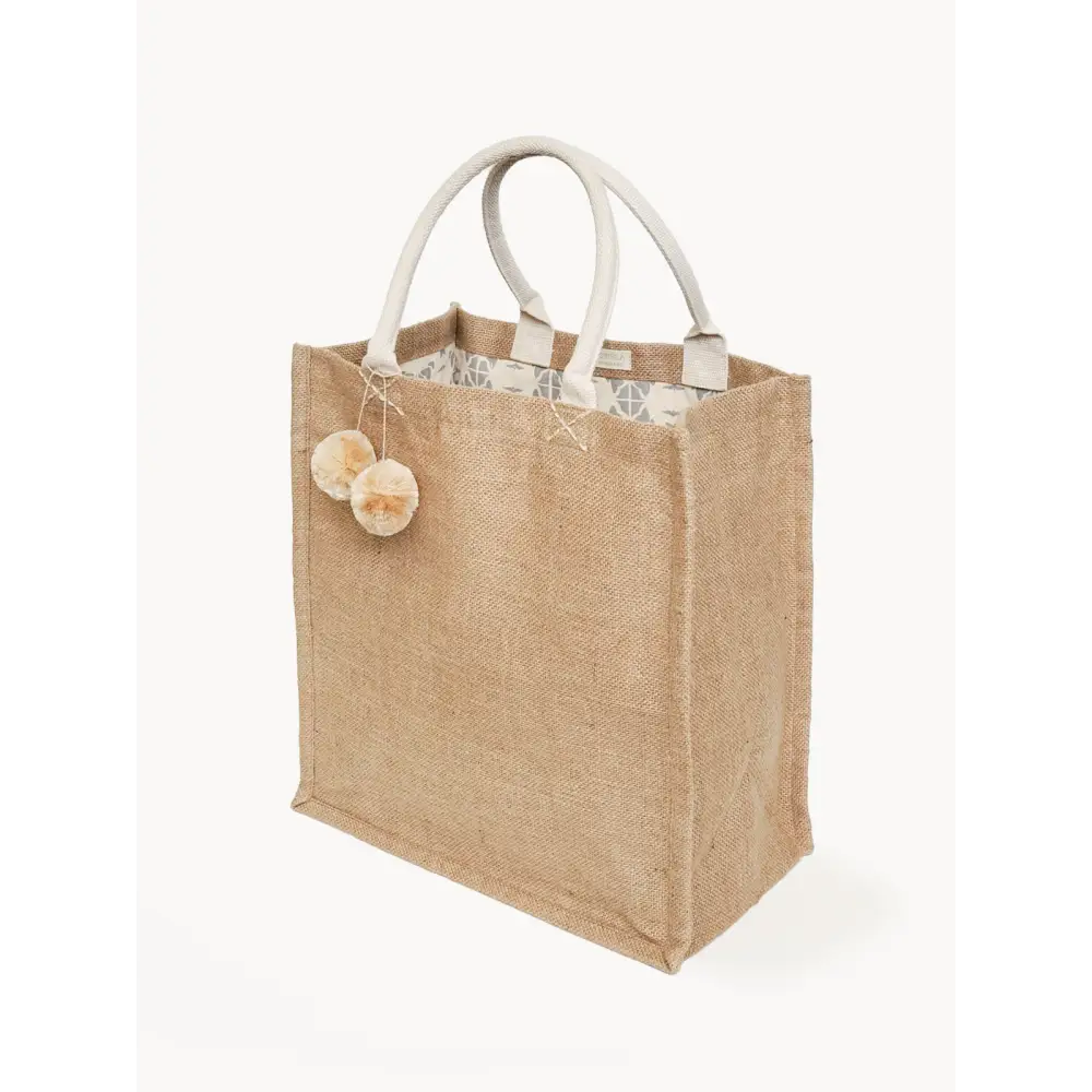 Jute Canvas Market Bag With Pompom-0