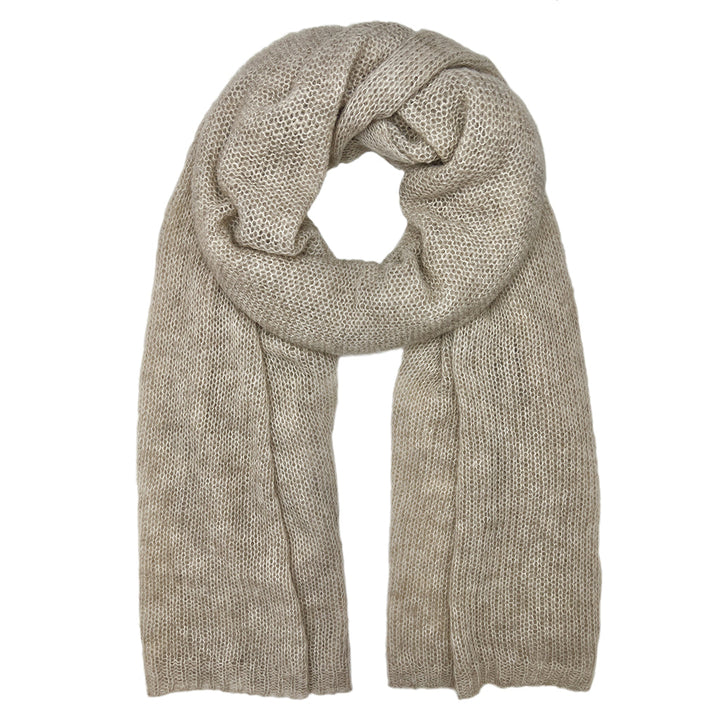 A light beige knit scarf with a textured open-knit pattern, arranged in a loop on a solid white background.