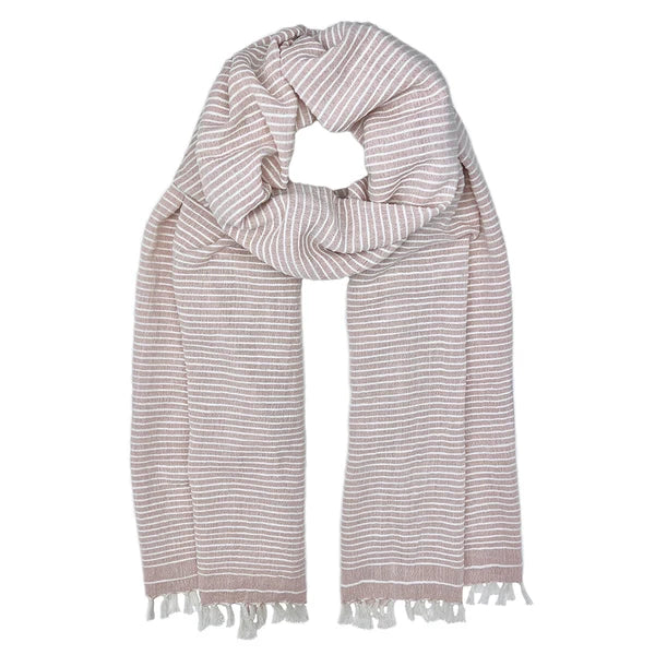 Pink cotton scarf with white stripes and knotted fringes