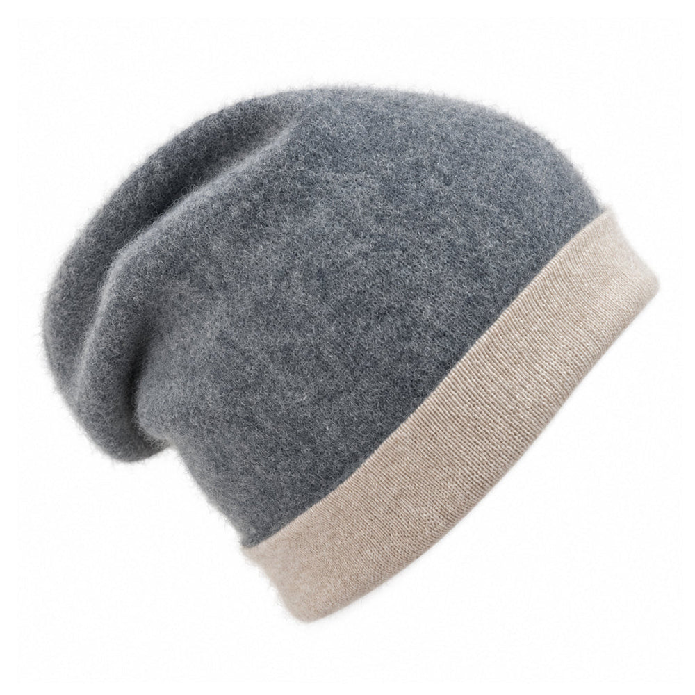 Charcoal gray cashmere beanie with beige rim