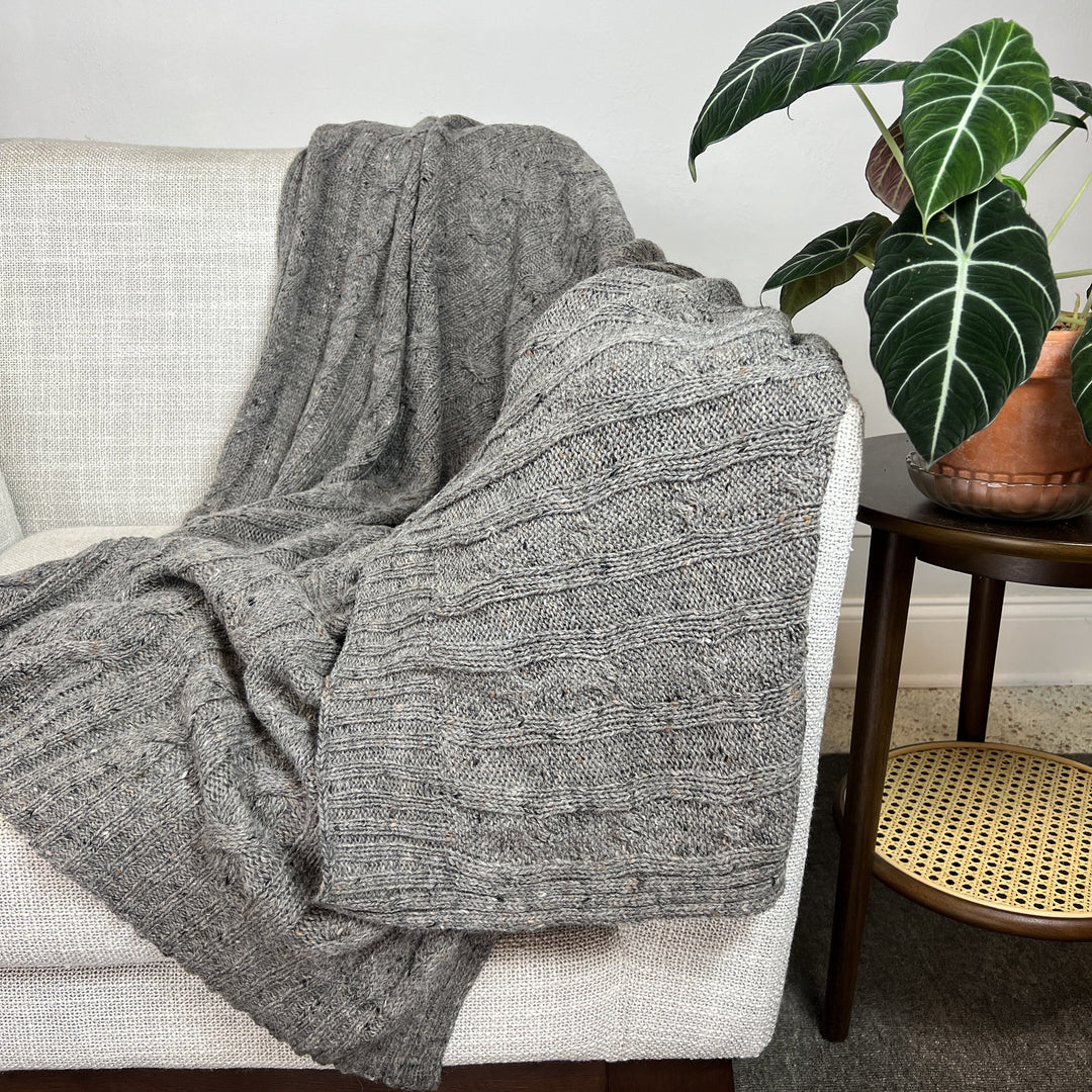 Smoke Gray Cable Knit Alpaca Throw-2