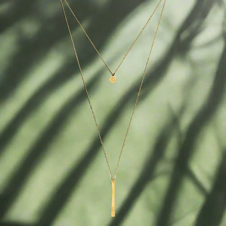 Unique Recycled Necklace with Stacked Double Chains and Bar Pendant - Necklaces