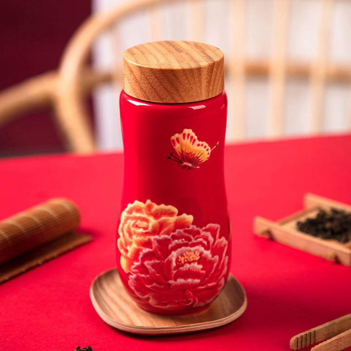 Golden Age Peony Ceramic Tea Tumbler  hand painted in red - EcofiedHome