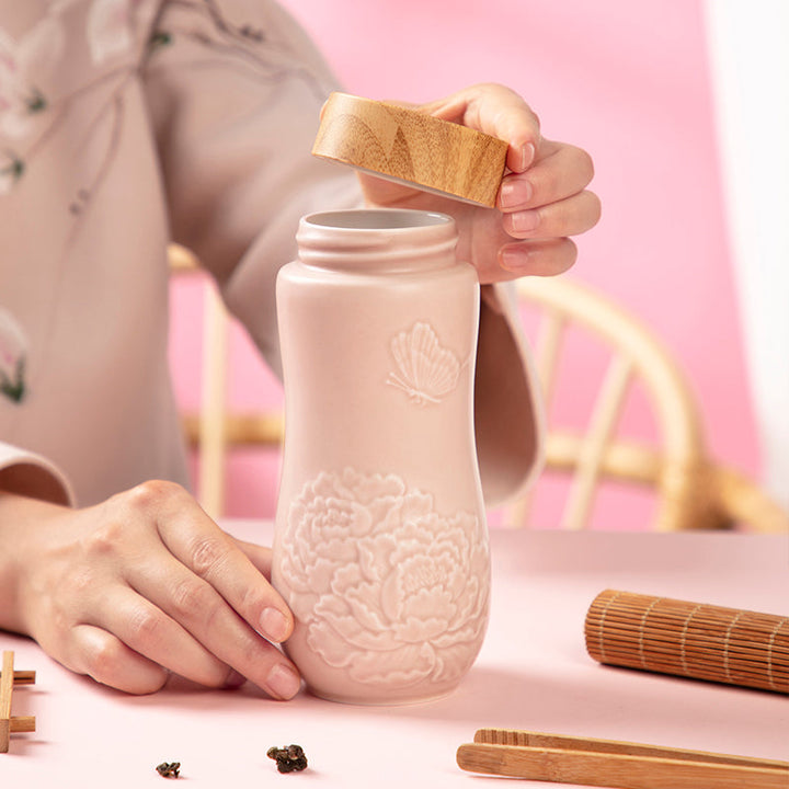 Pink Golden Age Peony Ceramic Tea Tumbler - EcofiedHome