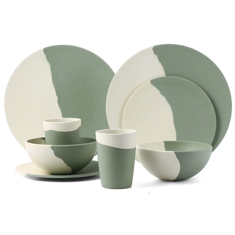 Green and White Bamboo Fiber Tableware Set EcofiedHome