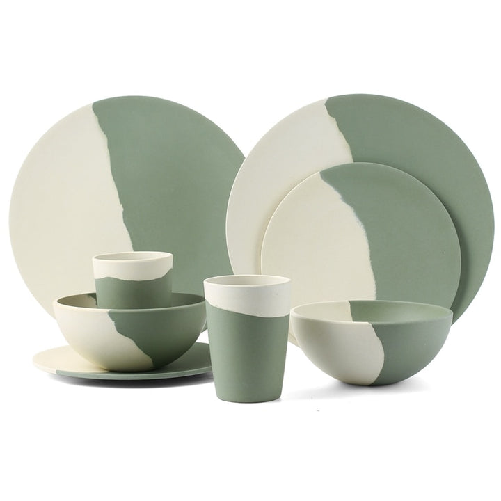 Green and White Bamboo Fiber Tableware Set - 8 Pcs for 2 person - EcofiedHome