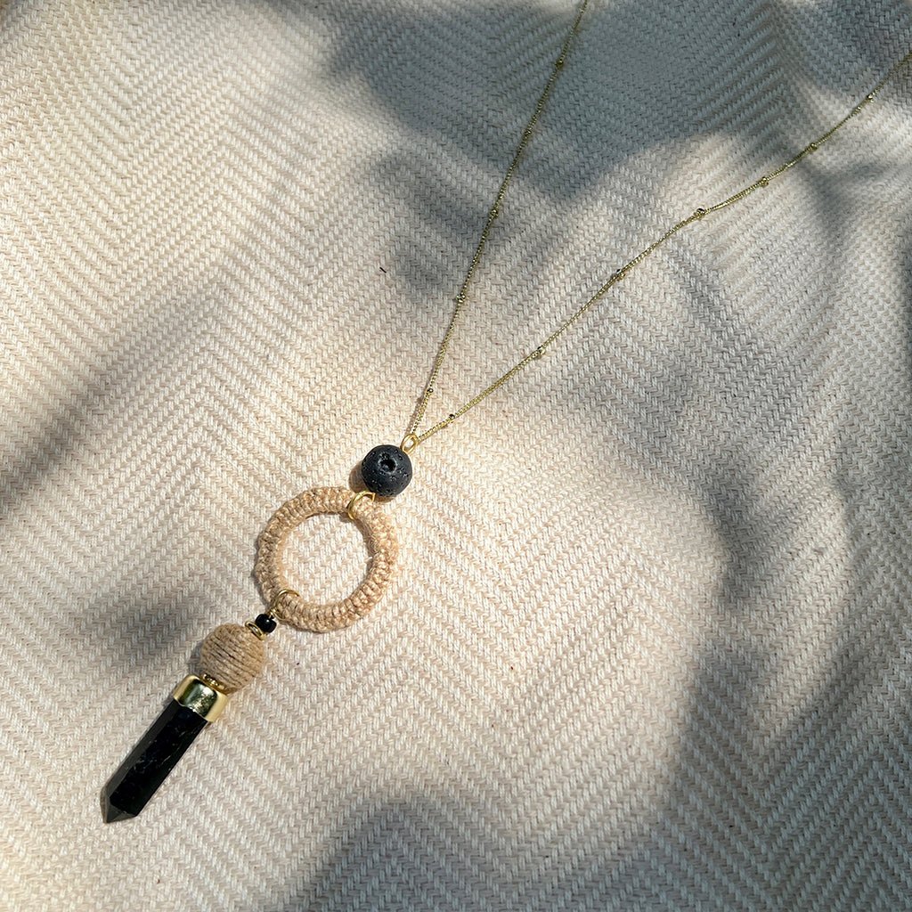 Black Agate Jute Necklace - 15.5 inch long - EcofiedHome