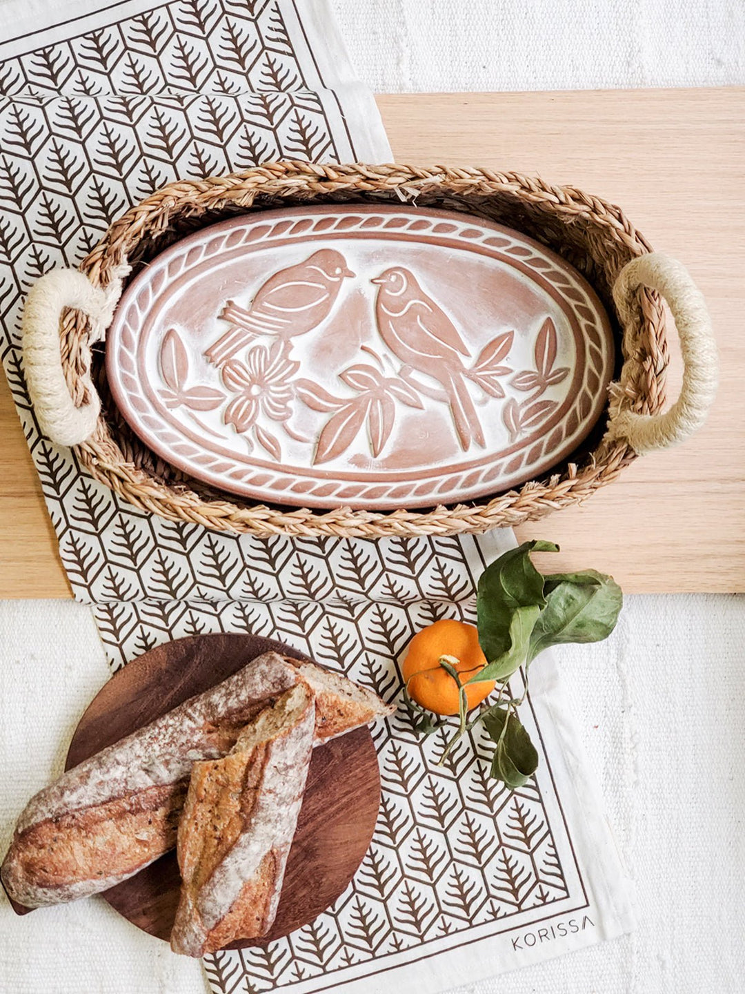 Bread Warmer & Basket Gift Set with Tea Towel - Lovebird Oval - EcofiedHome