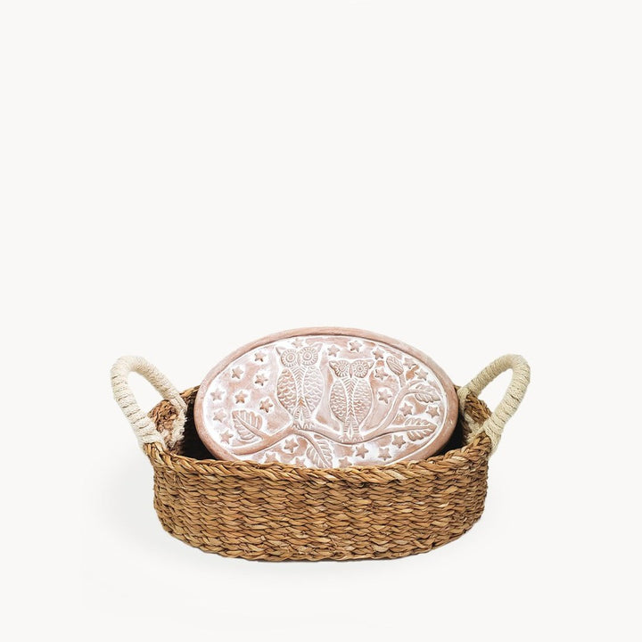 Bread Warmer & Basket - Owl Oval - Terracotta stone with bread basket
