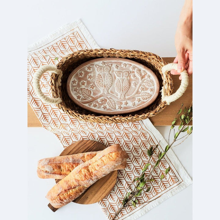 Bread Warmer & Basket - Oval  bread basket with Owl design terracotta warmer and  light brown tea towel