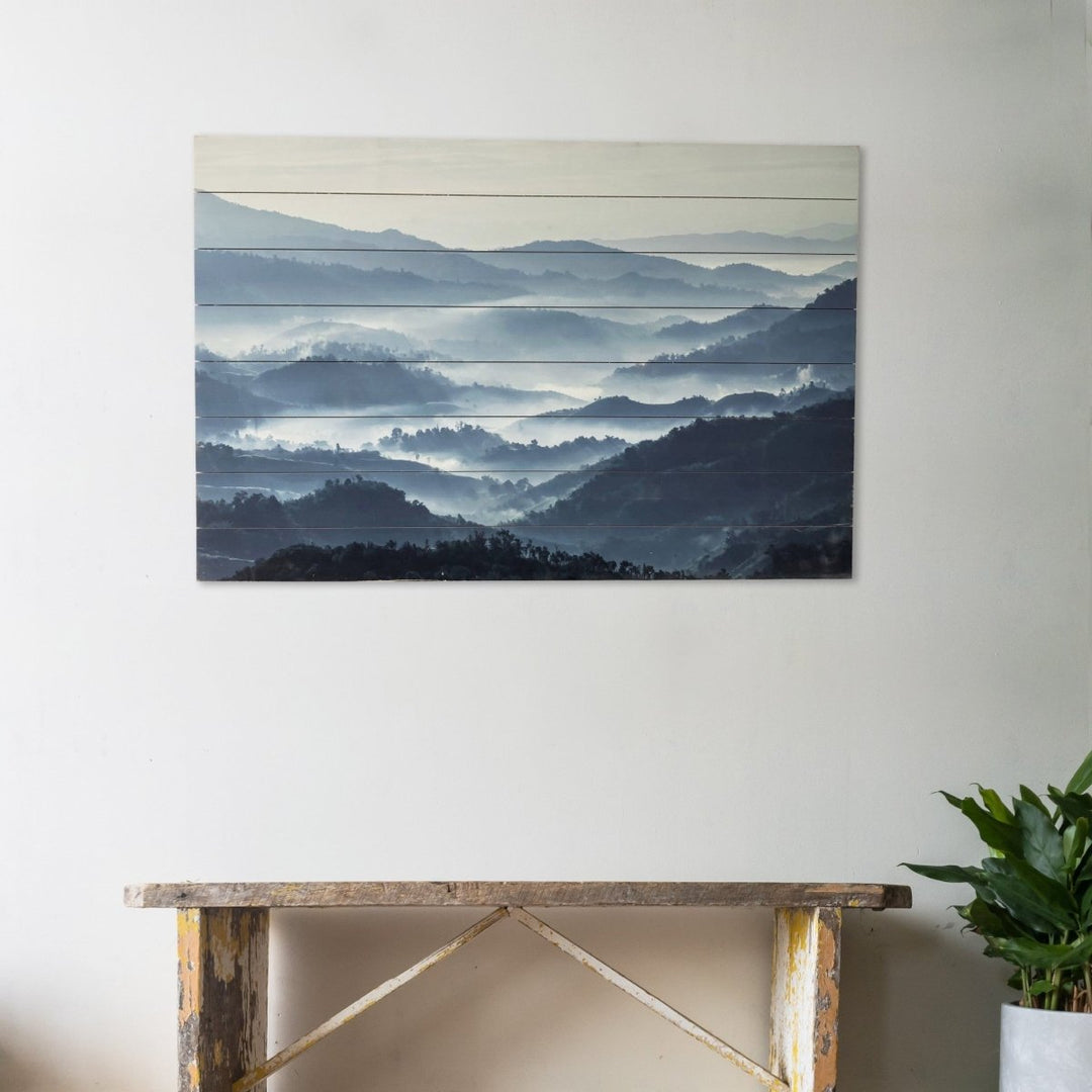 Mysteriously Misty Blue Mountains Wood Plank Wall Art - EcofiedHome